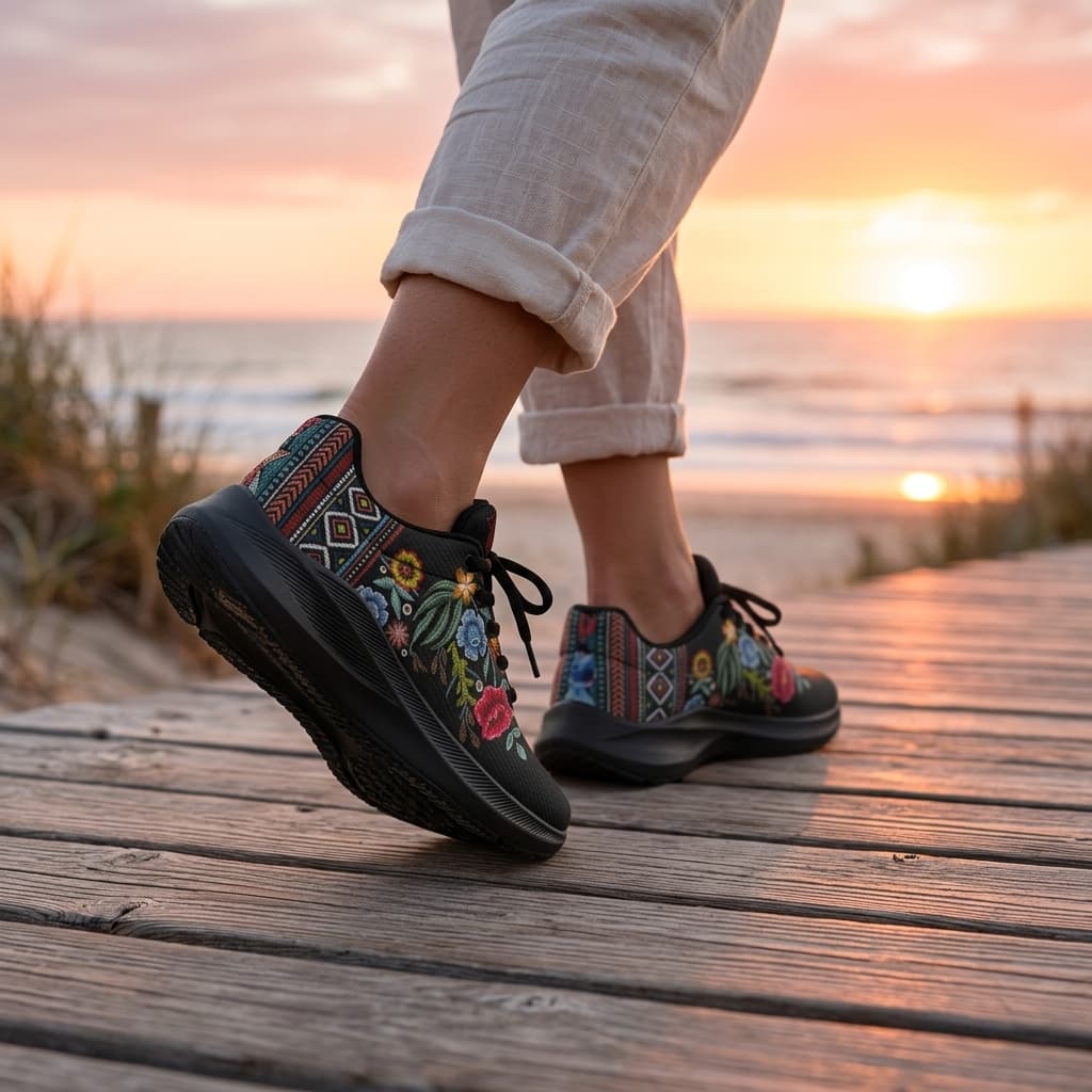 Boho floral print sneakers on a boardwalk at sunset