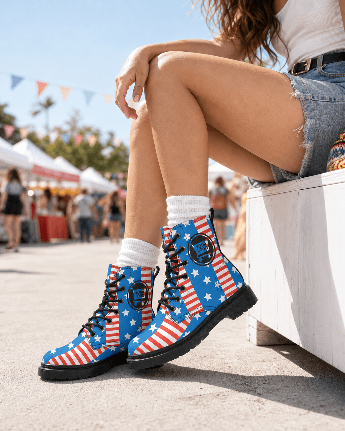 Patriotic print boots on a festival bench