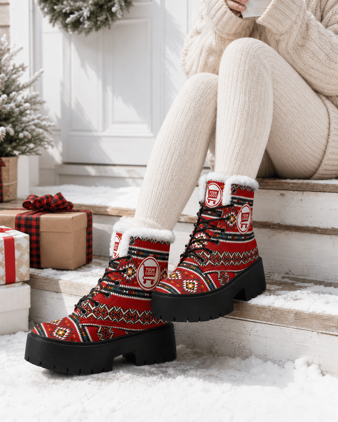 Red chunky boots on a winter doorstep